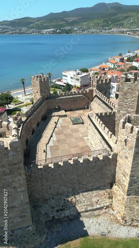 Aerial View of Candarli Castle and Coastal Town at Sunny Day, Izmir, Turkey. High quality 4k footage