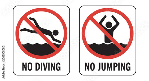Foto Pool Safety Prohibition Icon Set, No Diving and No Jumping Warning Signs, Hazard