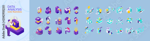 Data analysis isometric icons set. Big data processing, cloud computing, cyber security, and database management vector illustrations bundle.