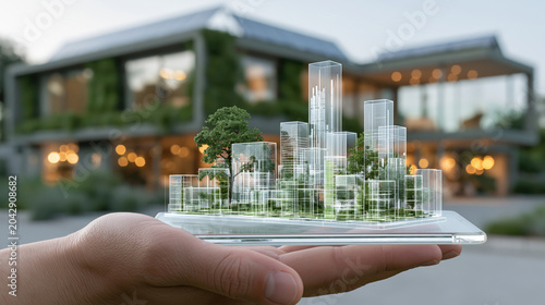 Hand holding a transparent tablet projecting a holographic 3d smart city model with sustainable buildings, green spaces and integrated tech for eco friendly urban planning