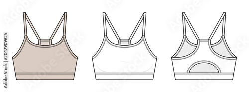 Cutout Back Sports Bra Technical Fashion Illustration. Strappy Activewear Bralette Vector Template. Front and Back View. Scoop Neckline. CAD Mockup Set.