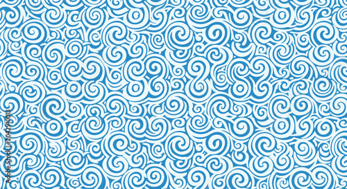 Seamless pattern featuring stylized blue cloud swirls and wave motifs reminiscent of traditional Asian and oriental art.