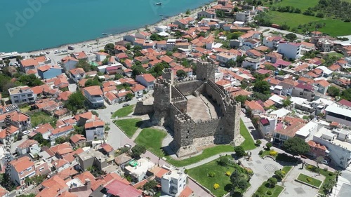 Aerial View of Candarli Castle and Coastal Town at Sunny Day, Izmir, Turkey. High quality 4k footage