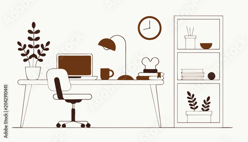Tablou pe pânză Modern home office, minimalist workspace, desk with computer, brown and white il