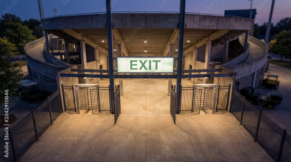 Fototapeta premium Overhead panoramic view of a stadium gate with prominent Exit sign glowing softly in dark