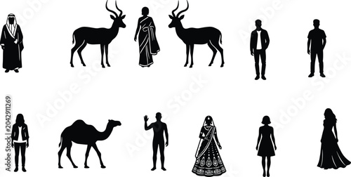 Canvas Print Diverse silhouettes of people and animals in cultural attire representing global