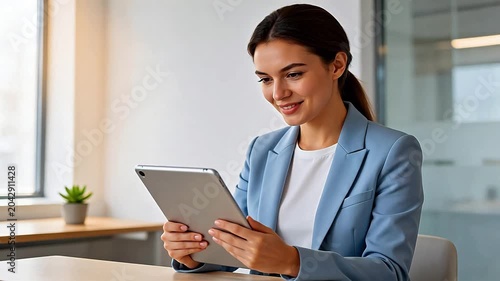 Woman in blue suit using tablet