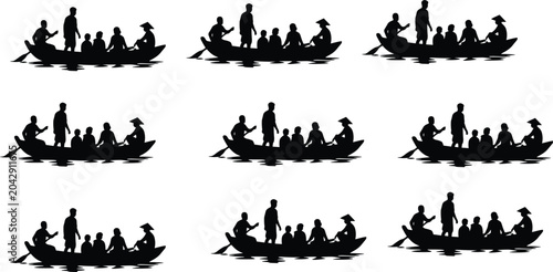 Photos Traditional silhouettes of boats with seated figures wearing conical hats reflec
