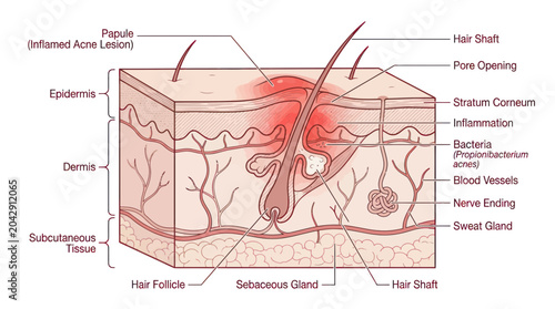 Obraz na płótnie Diagram of inflamed acne lesion in human skin cross-section with labels