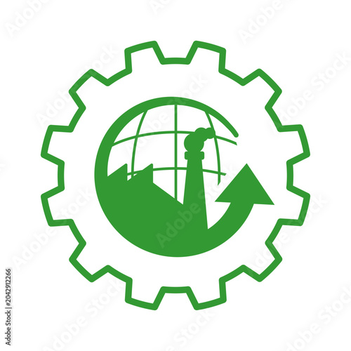Circular manufacturing symbol with factory, globe, gear, and circular arrow. Represents regenerative industry, material reuse, closed-loop systems, sustainable production, and resource circularity.
