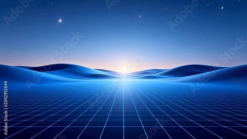 Blue grid landscape with starry sky