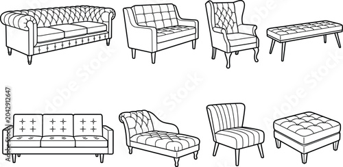 Obraz na płótnie Classic Upholstered Furniture Vector Collection with Sofa Armchair Bench and Ott