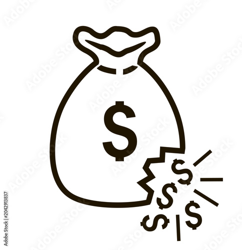 Money bag with cash outflow icon symbolizing spending and financial loss. Business finance illustration representing expenses, budget pressure and cash flow, wealth leakage, payments and economic risk