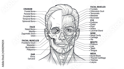 Tableau sur toile Human Head Anatomy Diagram: Skull, Facial Muscles, Eyes, Nose, Mouth, Neck