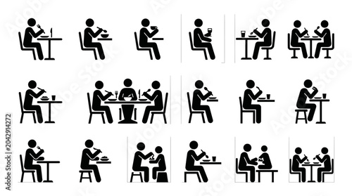 Bild auf Leinwand People Eating Icons Set: Dining, Mealtime, Social Gathering, Restaurant Table, F