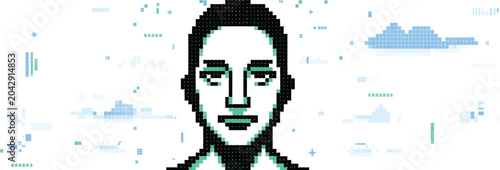 Fotografi Glitchy Pixelated Man Face with Distorted Features