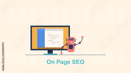 On page SEO meta data display on code compiler, robot holding structured text file for website optimization.