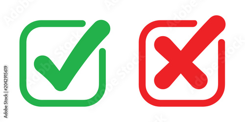 Check Mark Icon Button Set with Green Tick Box and Red Cross Symbols, Yes and No Checkbox Icons, Approval and Decline Signs for User Interface and Validation Design