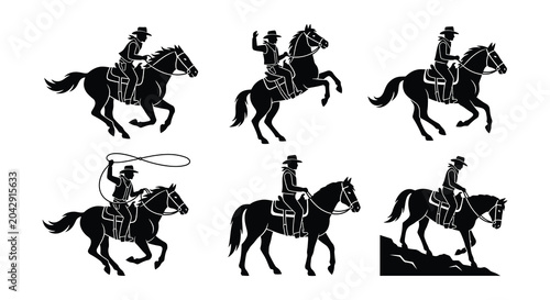 Quadro su tela Cowboy riding horse silhouettes on white background