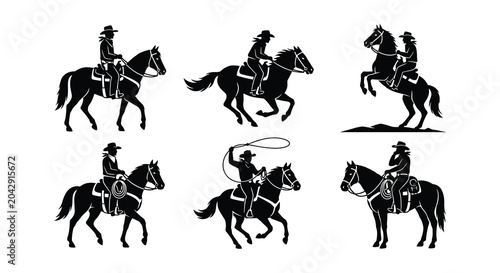 Quadro su tela Cowboy riding horse silhouettes on white background