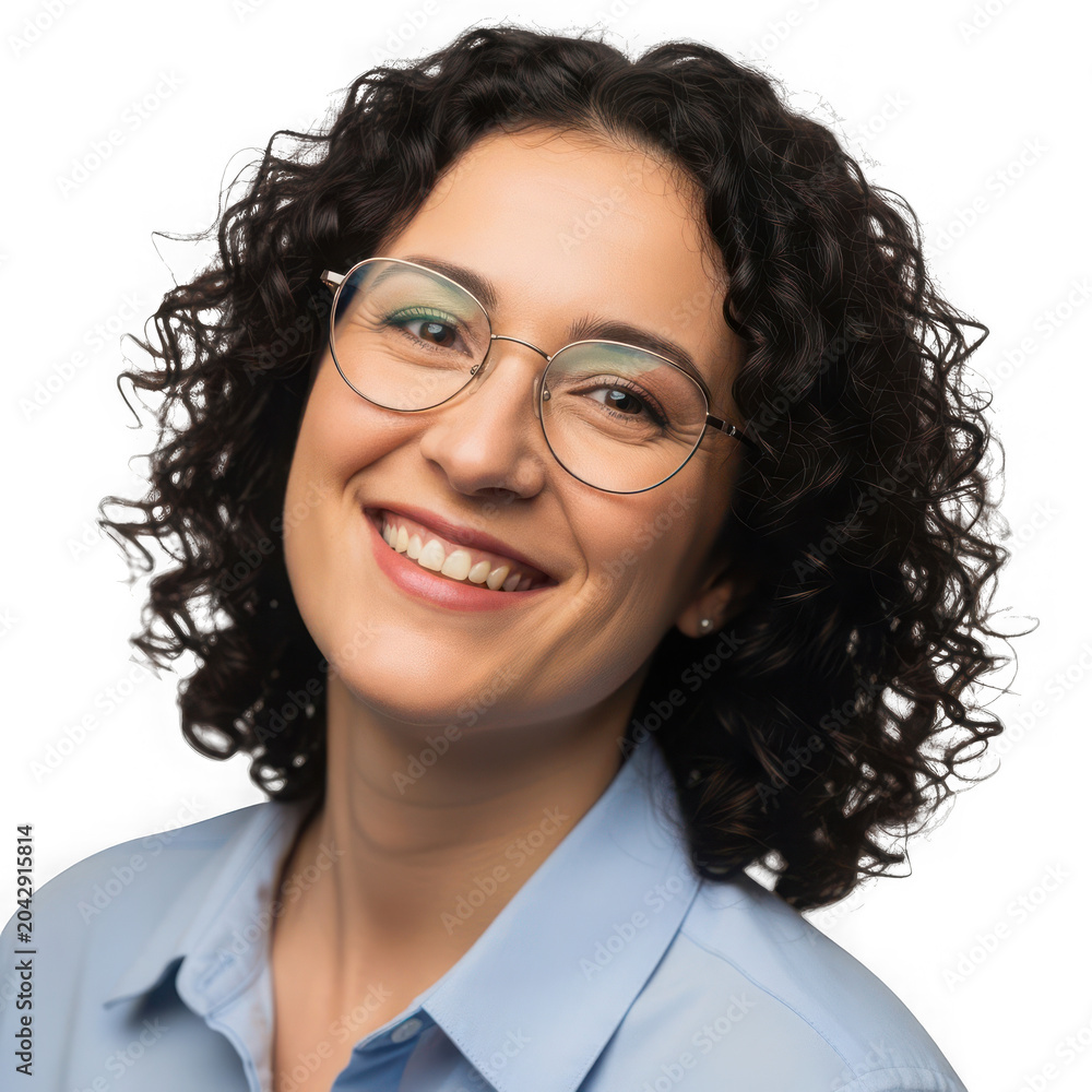 Obraz premium Smiling woman with curly hair and glasses in blue shirt
