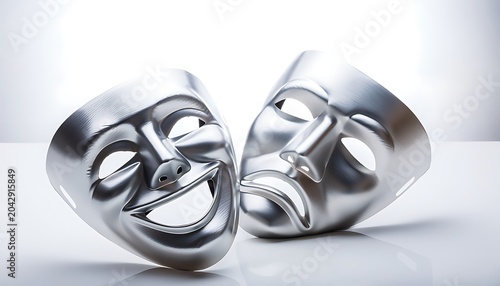 Two shiny silver comedy and tragedy masks sit on a white surface