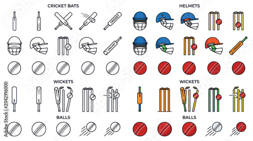 Photography Cricket Equipment Icons: Bats, Balls, Helmets, and Wickets - Flat Design
