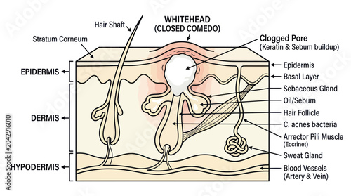Foto Diagram of a whitehead acne breakout in human skin layers