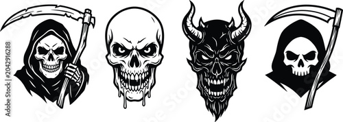 Cuadro en lienzo Grim Reaper and Skull Devil Horror Set Black White Vector Illustration for Hallo