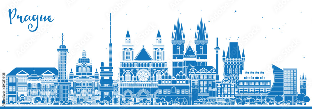 Fototapeta premium Outline Prague Czech Republic City Skyline with Blue Buildings. Business Travel and Tourism Concept with Historic Architecture. Prague Cityscape with Landmarks.