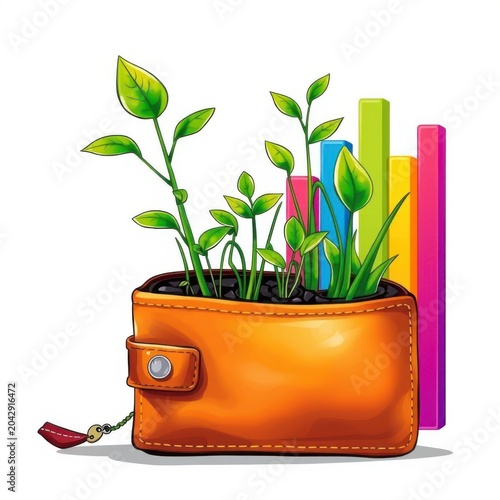 Wallet with sprouting plants beside bar chart, Illustration of Financial Growth, Investment. Generative AI