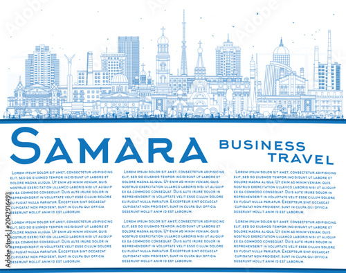 Outline Samara Russia city skyline with blue buildings and copy space. Samara cityscape with landmarks. Business travel and tourism concept with modern and historic architecture.