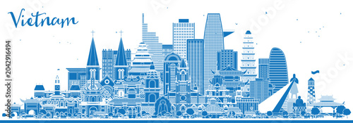 Outline Vietnam City Skyline with Blue Buildings. Illustration. Tourism Concept with Historic Architecture. Vietnam Cityscape with Landmarks. Hanoi. Ho Chi Minh. Haiphong. Da Nang.