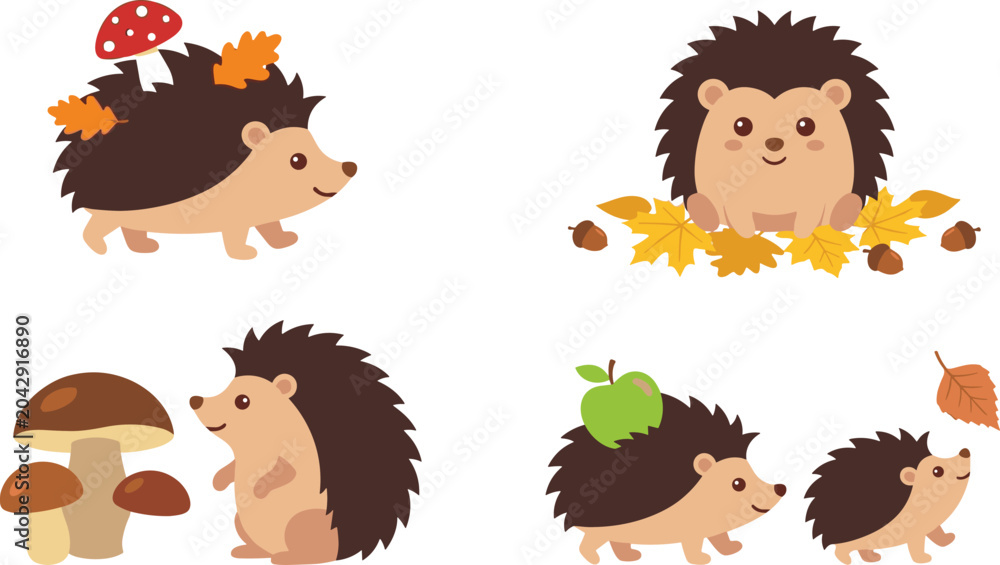 Obraz premium Cute Hedgehog Collection Featuring Forest Animals Autumn Leaves Mushrooms Acorns and Woodland Wildlife Cartoon Vector Illustration Set