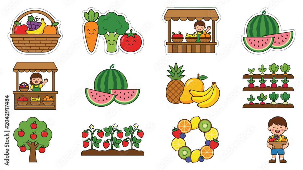 Fototapeta premium Healthy organic food and farming sticker set with fresh fruits vegetables and market stall.