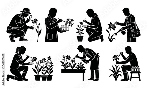 Billede på lærred Six horticulturist pollen collection silhouettes vector set on white background