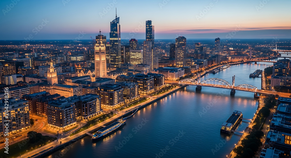 Obraz premium Urban Iconic With Aerial River aerial skyline with river waterfront