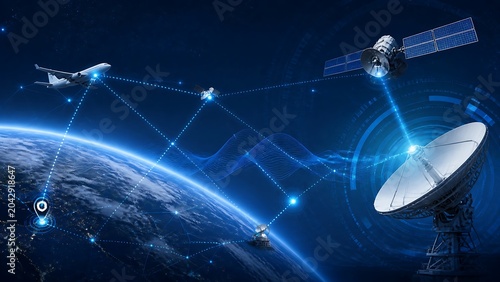 Aerospace communication network concept with satellite orbiting earth and airplane connected by data lines