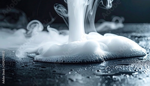Swirling white vapor flows onto a dark, glossy surface, creating a dreamy effect