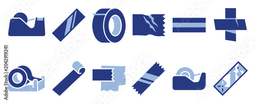 Adhesive tape icons set. Sticky tape rolls, dispensers, various pieces, strips. Office, packaging, repair, craft, household supplies vector symbols.
