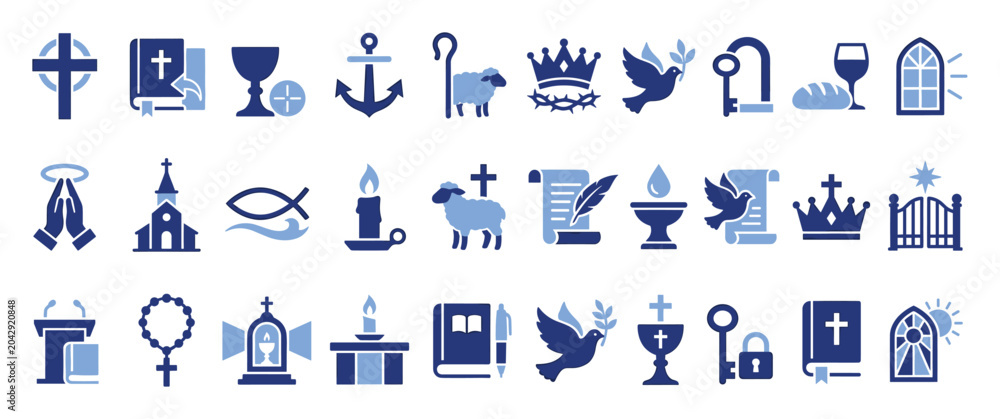 Fototapeta premium Set of Christian faith icons. Religious symbols, church worship, spirituality, baptism, holy communion. Easter, Bible study, gospel elements. Flat graphic vector collection.