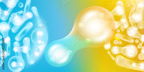 Probiotic and Hyaluronic acid skin solutions ad, yellow and blue collagen, and vitamin serum drops, cosmetic advertising background ready to use, illustration vector.	