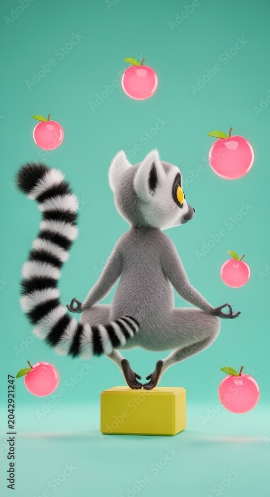 Fototapeta premium Lemur meditating with floating apples around.