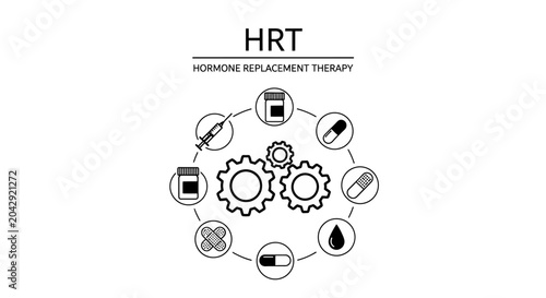 Photos Infographic of Hormone Replacement Therapy (HRT) featuring medical icons like pills, syringe, and bandages arranged in a circular gear design on a white background