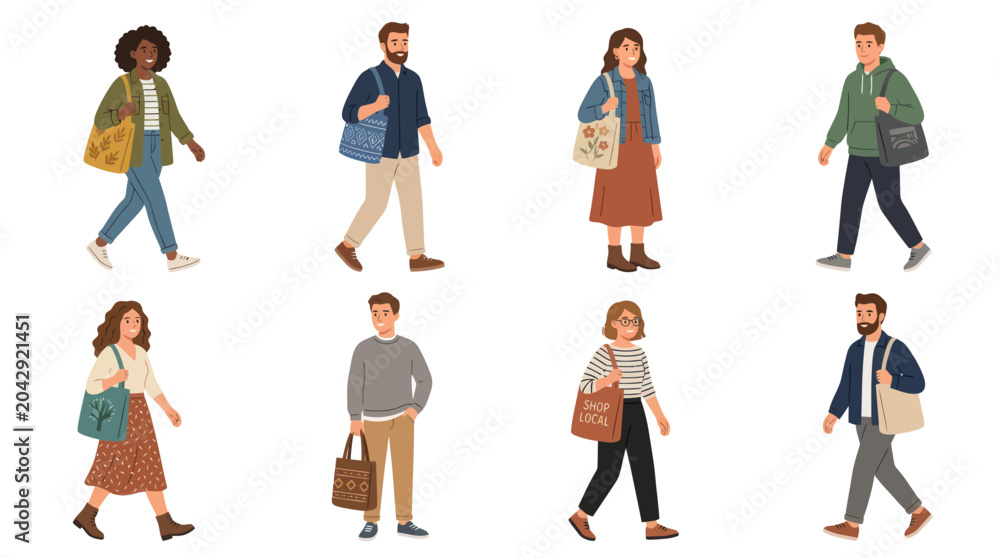 Fototapeta premium Flat Vector Illustration of Diverse People Carrying Reusable Eco Tote Bags, Promoting Sustainable Shopping and Lifestyle