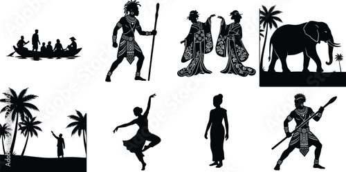 Obraz na płótnie Silhouettes of diverse cultural figures, dancers, wildlife, and traditional scen