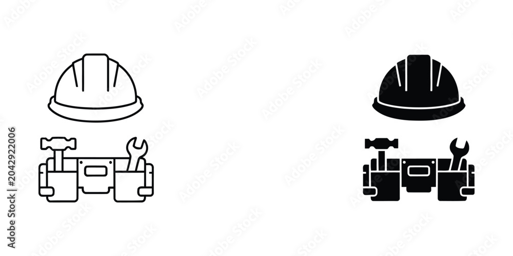 Naklejka premium Hard hat and tool belt icon set in black and white