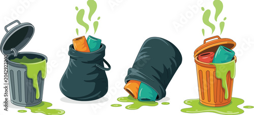 Tableau sur toile Garbage Pollution Illustration Set Featuring Overflowing Bins, Leaking Trash Bag