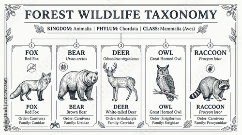 Photography Forest Wildlife Taxonomy Chart: Fox, Bear, Deer, Owl, Racoon