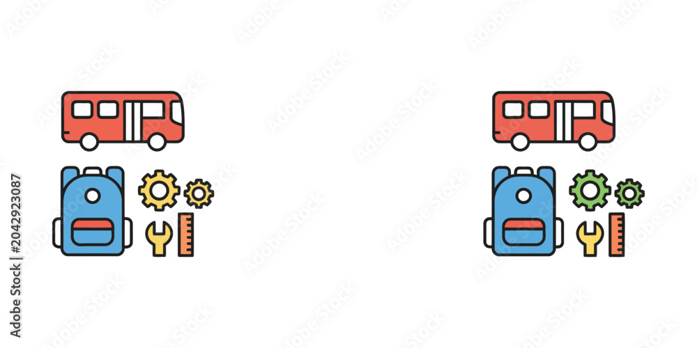 Fototapeta premium School bus and backpack with tools vector icons